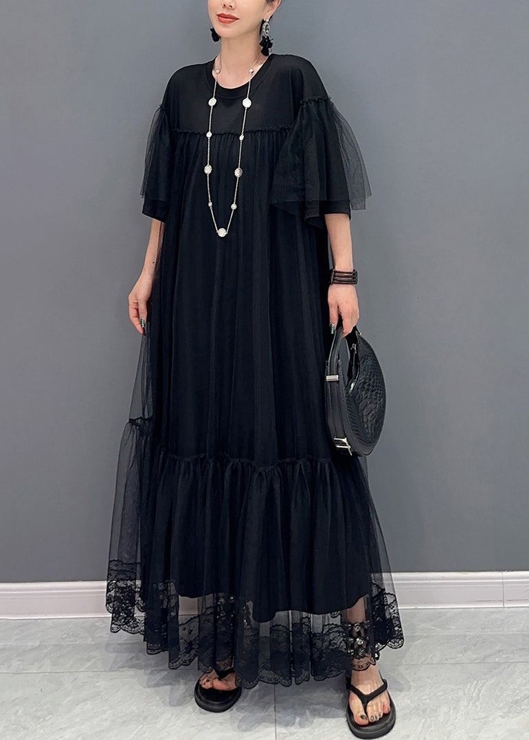 Plus Size Black O Neck Wrinkled Patchwork Tulle Dress Summer AY1019 JDML-240828