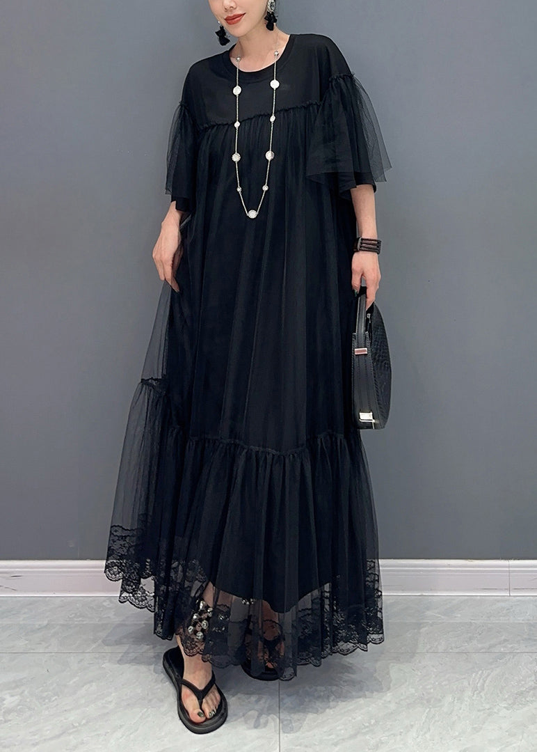 Plus Size Black O Neck Wrinkled Patchwork Tulle Dress Summer AY1019 JDML-240828