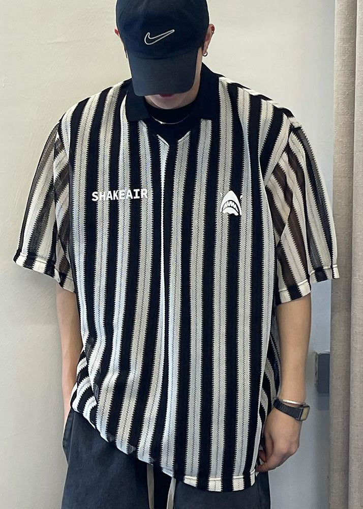 Grunt Cotton Size Plus Style Oversized Shirts Striped Black Men's FashionChic