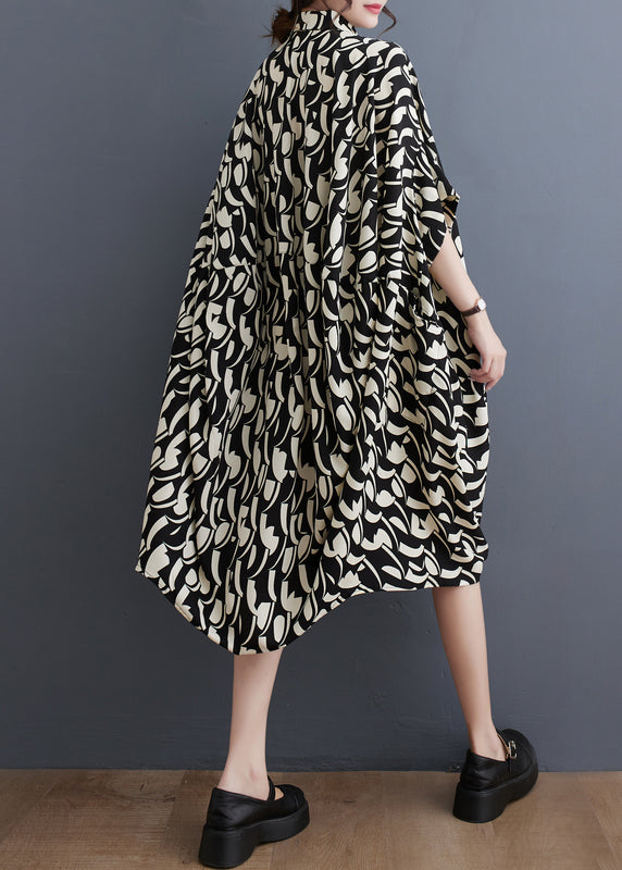 Plus Size Black Peter Pan Collar Print Cotton Shirts Dress Batwing Sleeve AP048 GK-SDM240718