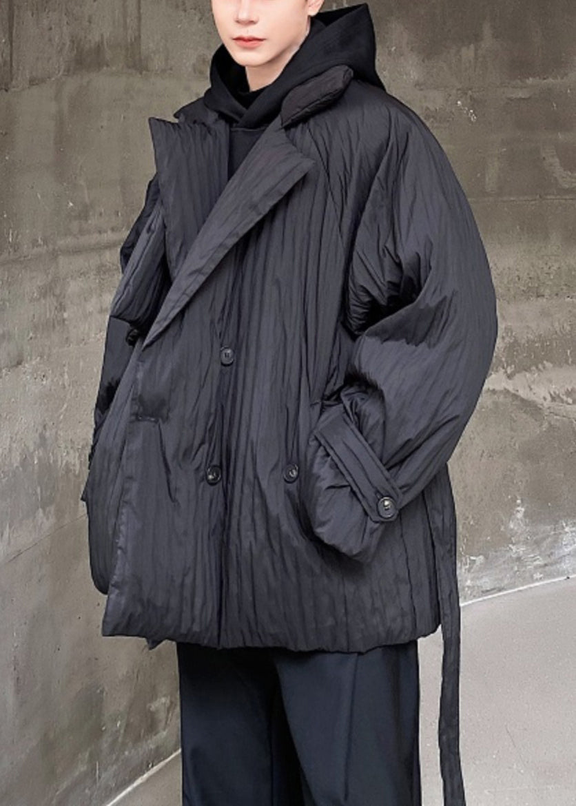 Plus Size Black Peter Pan Collar Tie Waist Duck Down Men Coats Winter WL004 MENCW241123