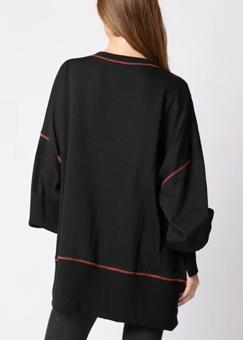 Plus Size Black Sequins Low High Design Cotton Sweatshirt AE1025 OM-HW240901