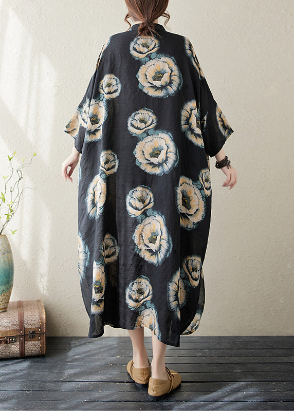 Plus Size Black Stand Collar Print Long Dress Long Sleeve AP067 GK-FDL240718