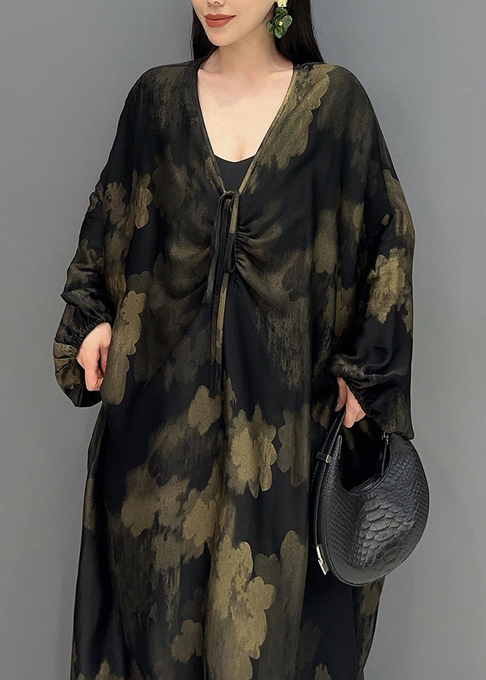 Plus Size Black V Neck Print Holiday Maxi Dress Long Sleeve AY1048 JDML-240829
