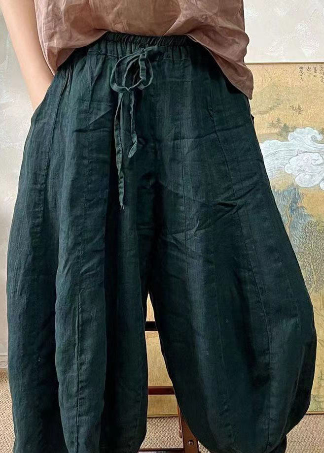 Plus Size Blackish Green Elastic Waist Linen Lantern Pants Summer FF037 MZF-CPTS240607