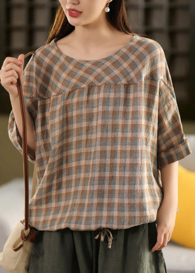 Summer Size Patchwork Plaid Neck O Blue Plus Linen Top FashionChic