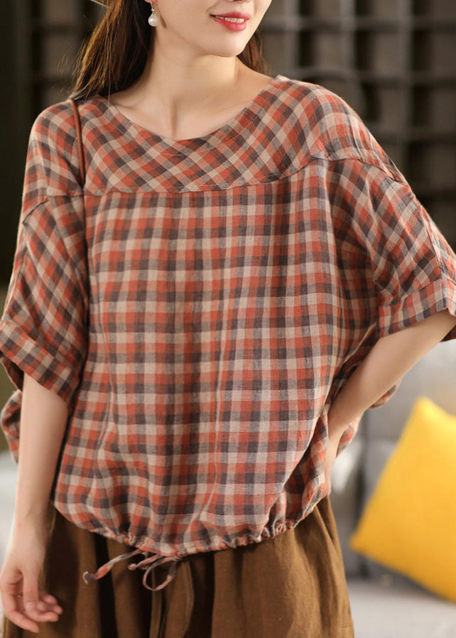 Summer Size Patchwork Plaid Neck O Blue Plus Linen Top FashionChic