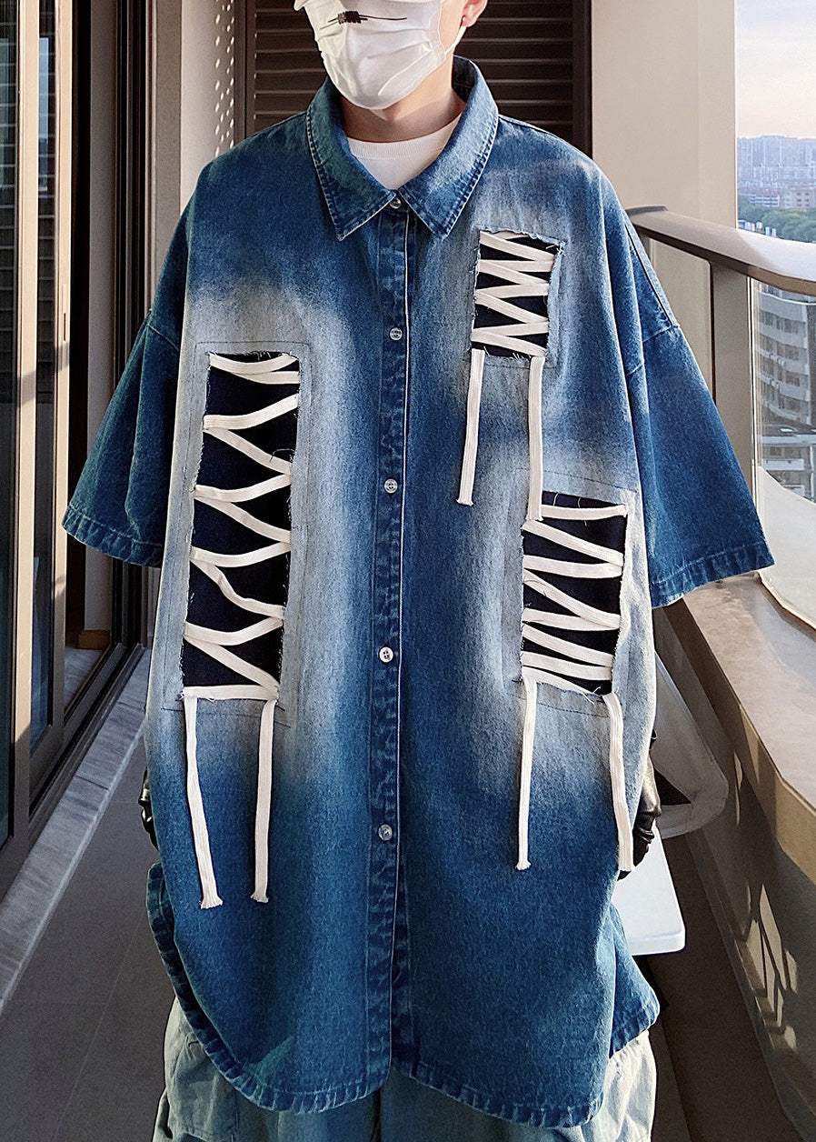 Sleeve Patchwork Original Design Blue Shirts Plus Half Men Size FashionChic