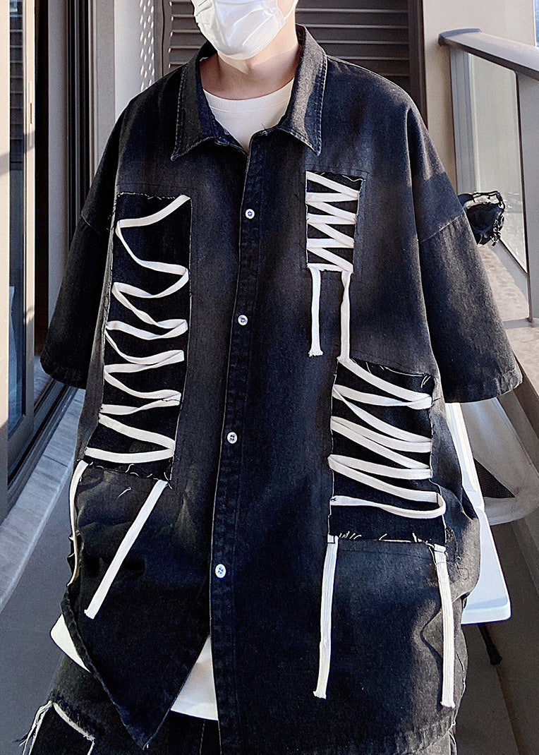 Sleeve Patchwork Original Design Blue Shirts Plus Half Men Size FashionChic