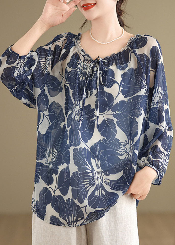Plus Size Blue Ruffled Lace Up Print Chiffon Shirt Tops Summer AP054 GK-LTP240718