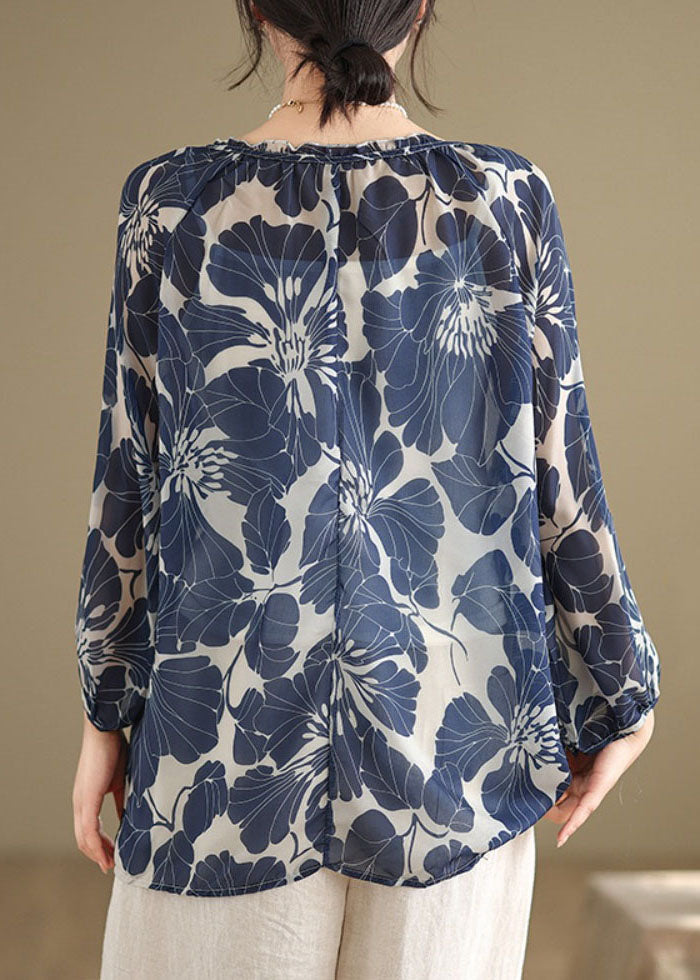Plus Size Blue Ruffled Lace Up Print Chiffon Shirt Tops Summer AP054 GK-LTP240718