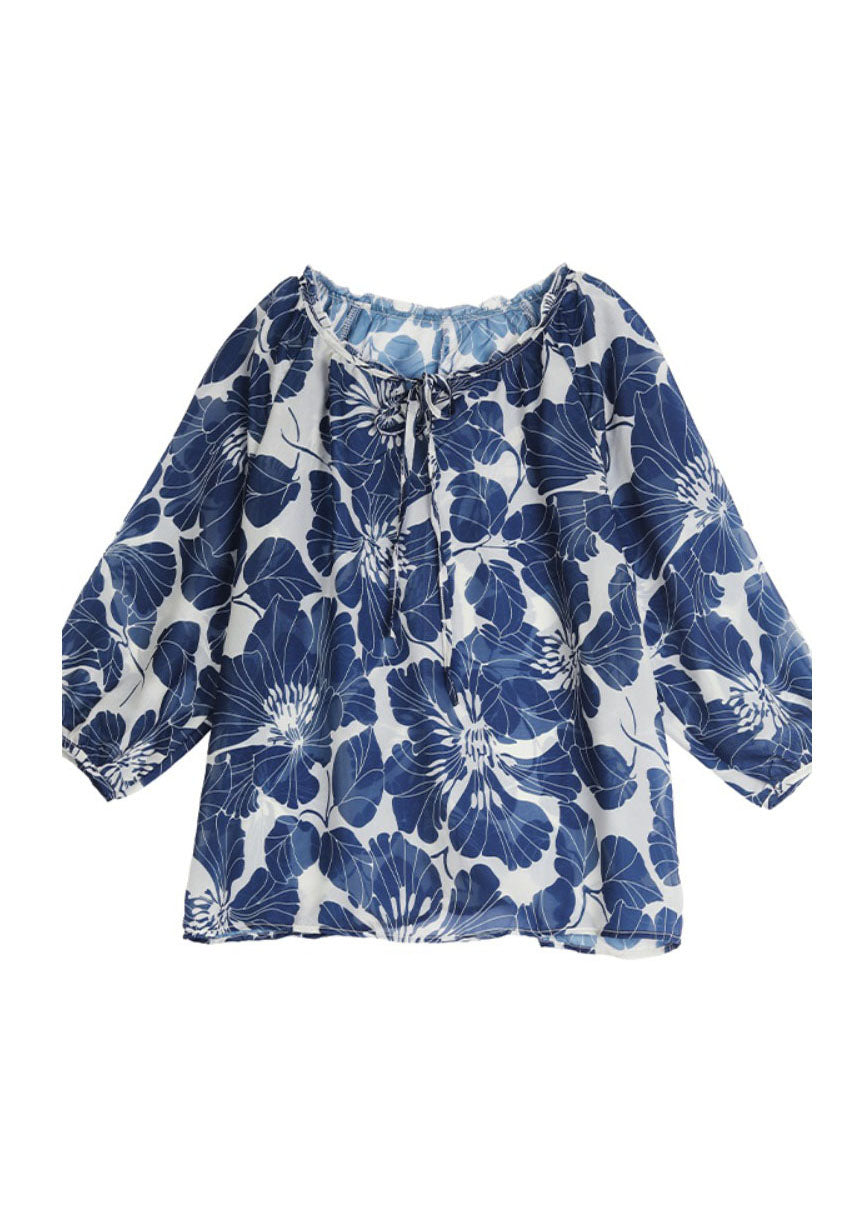 Plus Size Blue Ruffled Lace Up Print Chiffon Shirt Tops Summer AP054 GK-LTP240718