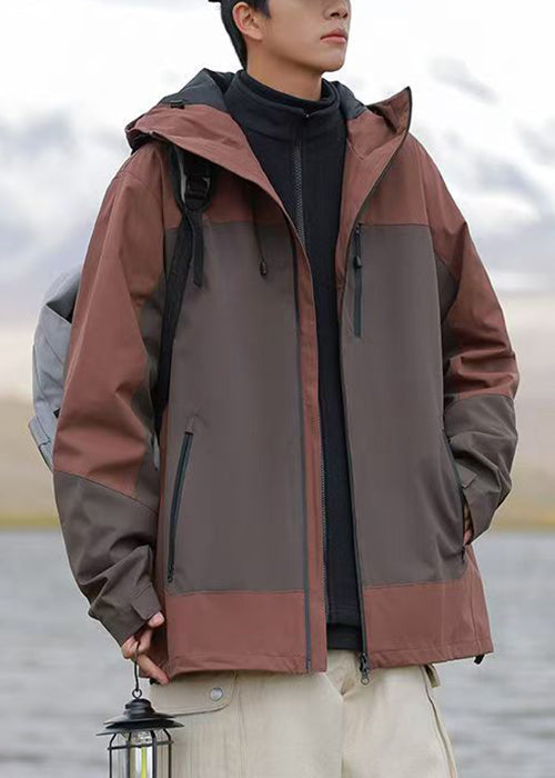 Hooded Brown Mens Cotton Zippered Plus Size Patchwork Coats FashionChic
