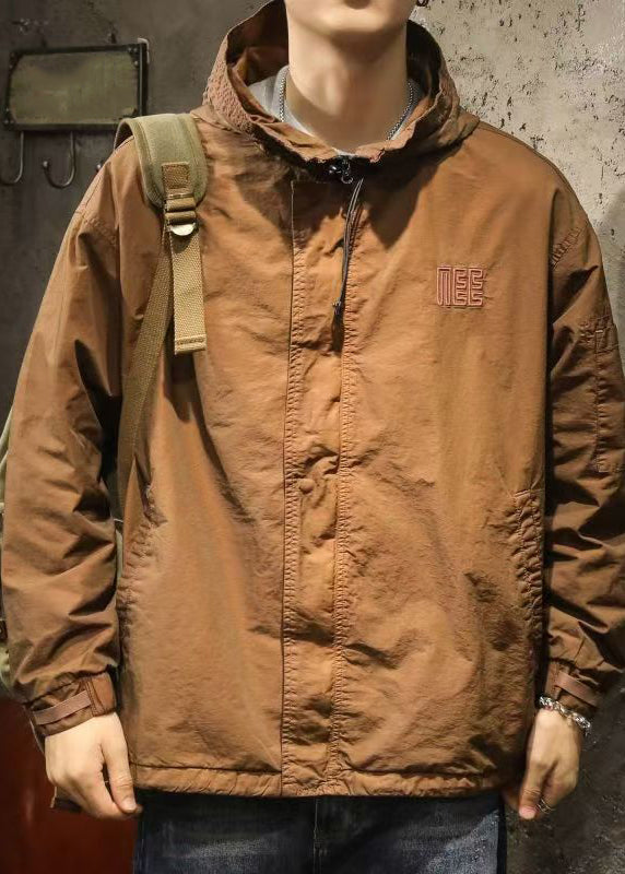 Drawstring Spring Mens Caramel Solid Plus Hooded Coat Size Cotton FashionChic
