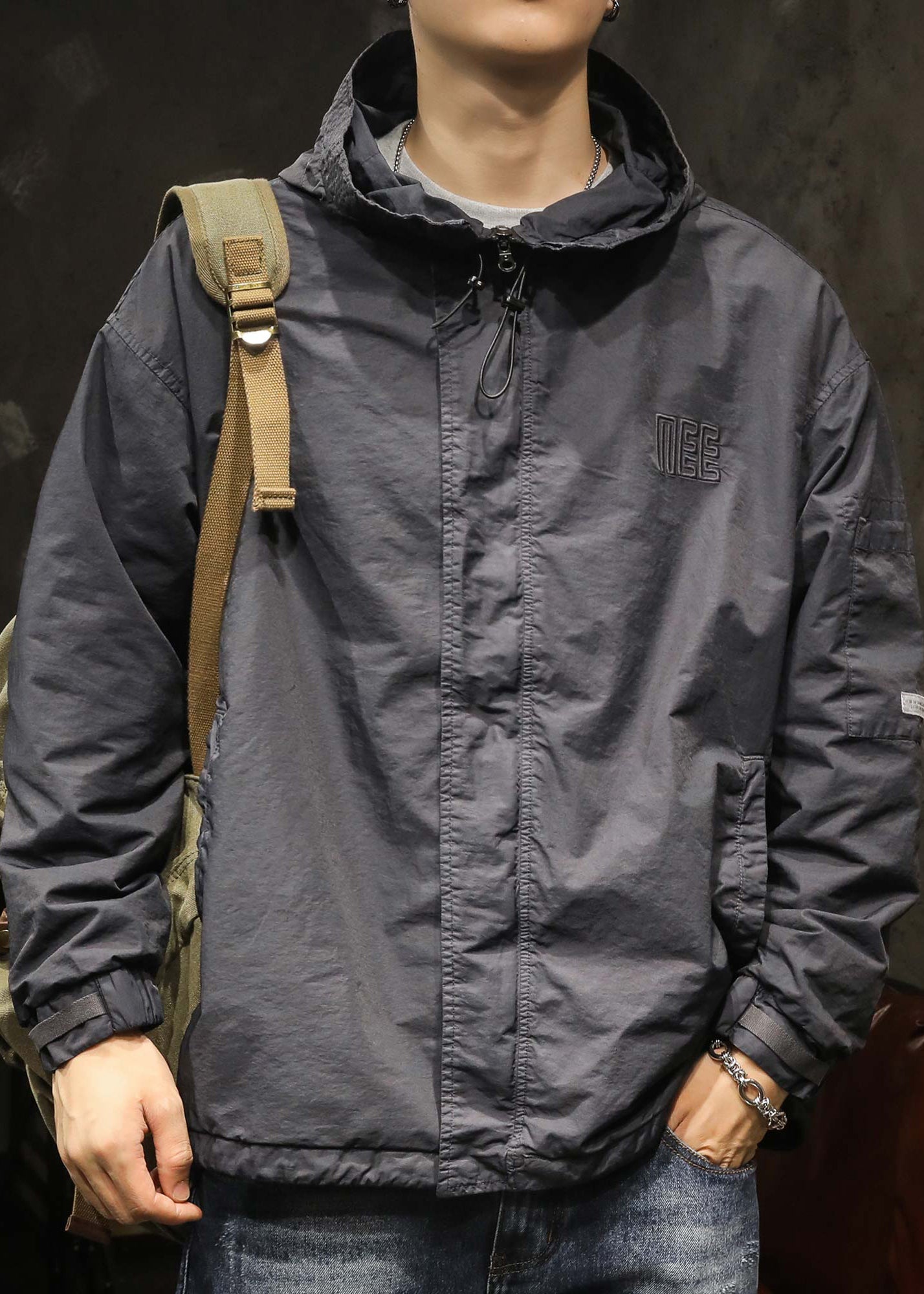 Drawstring Spring Mens Caramel Solid Plus Hooded Coat Size Cotton FashionChic