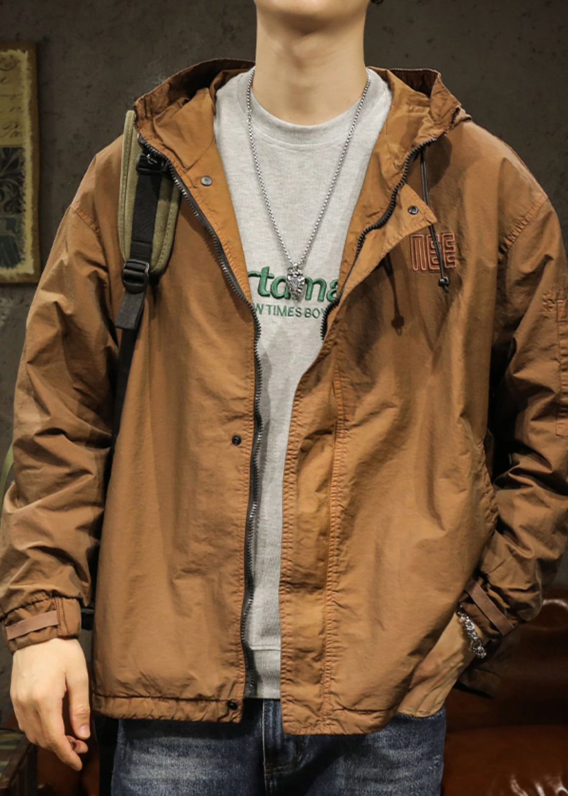 Drawstring Spring Mens Caramel Solid Plus Hooded Coat Size Cotton FashionChic