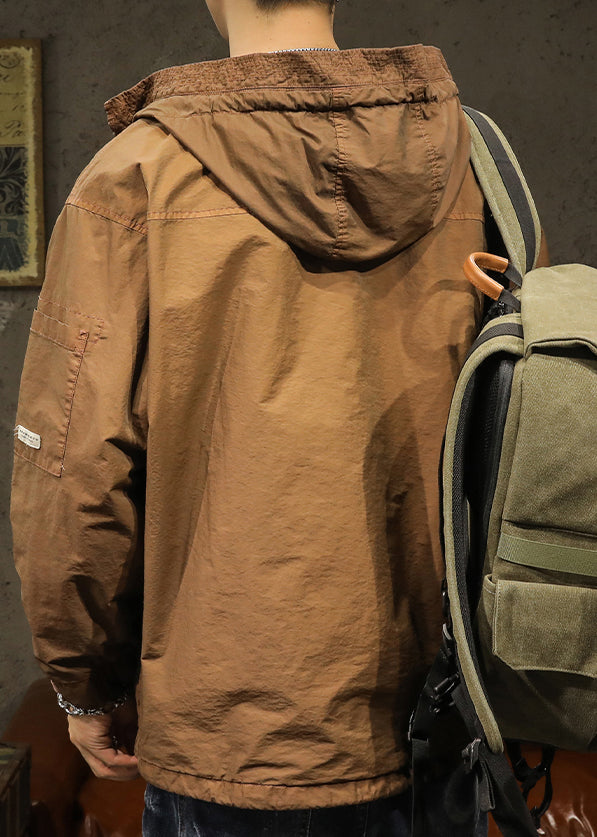 Drawstring Spring Mens Caramel Solid Plus Hooded Coat Size Cotton FashionChic