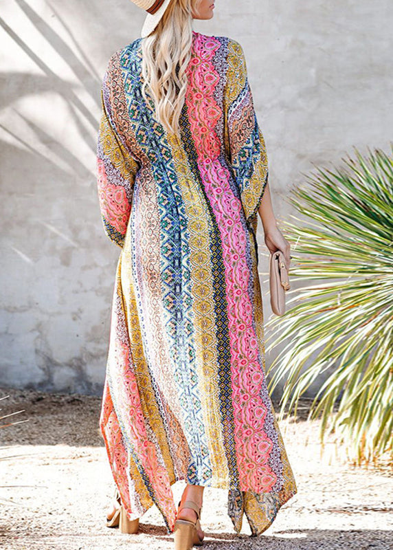 Plus Size Colorblock V-Neck Print Tie Waist Swimwear Long Beach Dress VC062 WM-Beach-LYQ240615