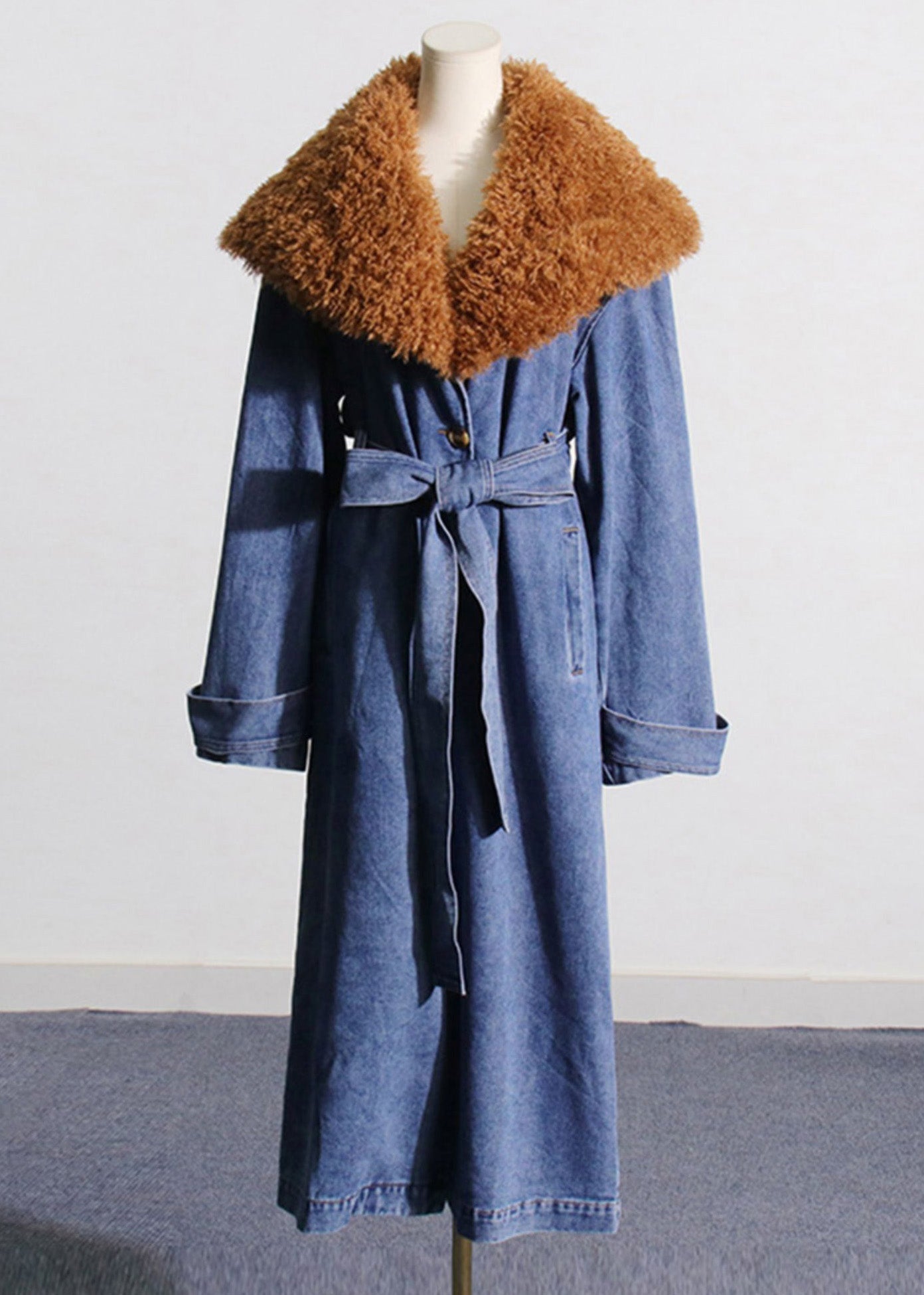 Plus Size Denim Blue Fur Collar Patchwork Tie Waist Long Trench Coats Winter RP002 ABC