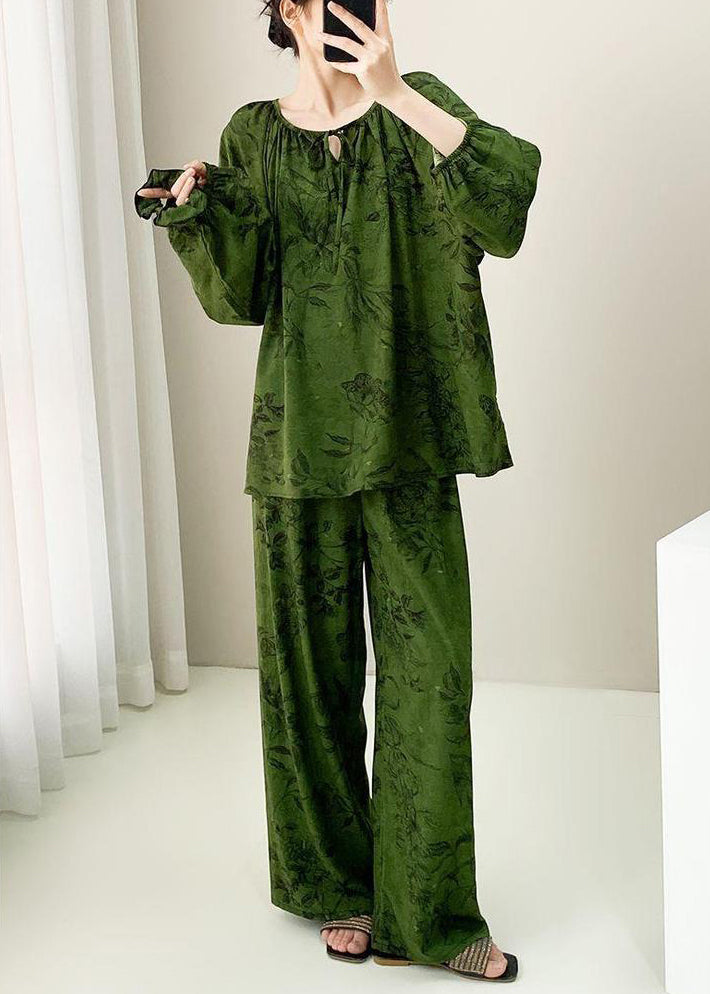 Two Size Set Lace Fall Pajamas Print Plus Up Pieces Green Cotton FashionChic