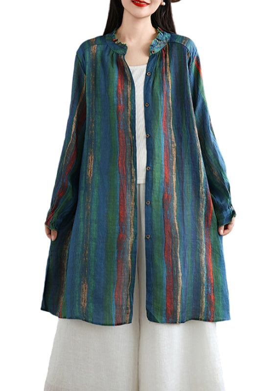 Plus Size Green Ruffled Striped Button Cotton Shirt Fall AC1015 Genistyle Shop