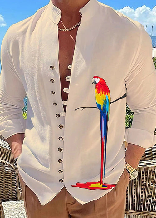 Plus Collar Size Print Fall Cotton Shirts Stand Men Button Green FashionChic