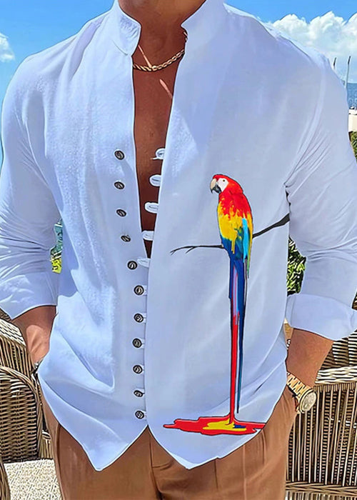Plus Collar Size Print Fall Cotton Shirts Stand Men Button Green FashionChic