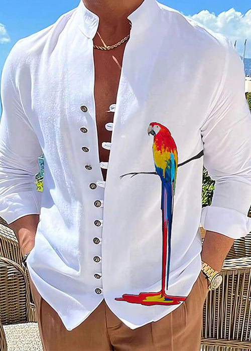 Plus Collar Size Print Fall Cotton Shirts Stand Men Button Green FashionChic