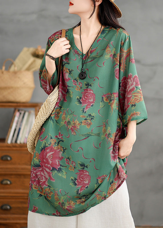 Plus Size Green V Neck Print Cotton Mid Dress Summer LK019 GK-SDM240710