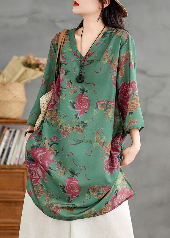 Plus Size Green V Neck Print Cotton Mid Dress Summer LK019 GK-SDM240710