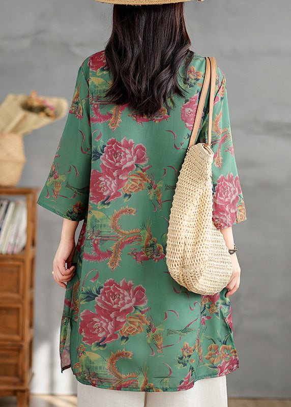 Plus Size Green V Neck Print Cotton Mid Dress Summer LK019 GK-SDM240710