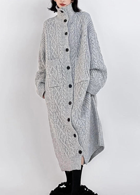Plus Size Grey Hign Neck Button Long Knit Cardigan Winter RS033 ABC