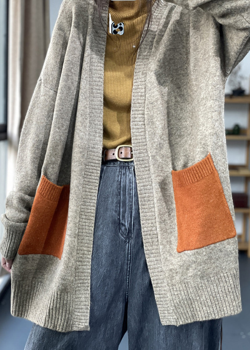 Plus Size Khaki Pockets Patchwork Knit Cardigan Fall OO005 OM-CS240816