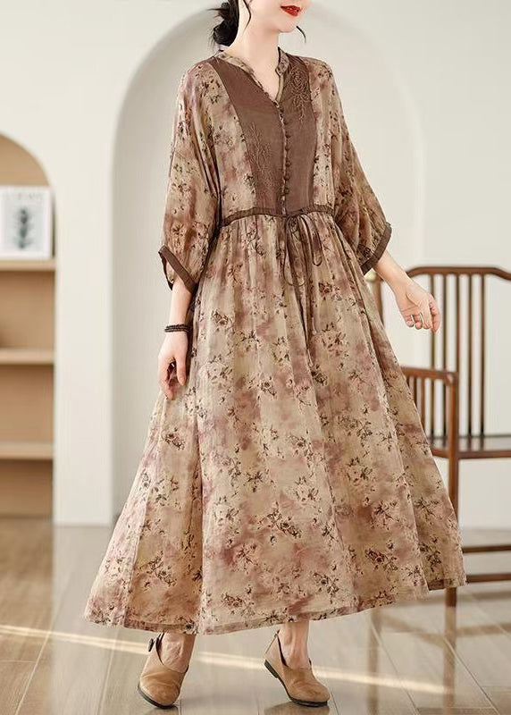 Khaki Dresses Pockets Tie Cotton Waist Long Fall Print Plus Size FashionChic
