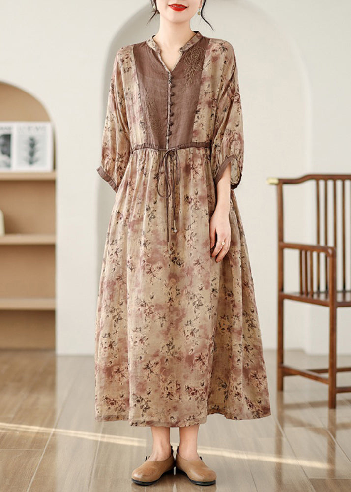 Khaki Dresses Pockets Tie Cotton Waist Long Fall Print Plus Size FashionChic