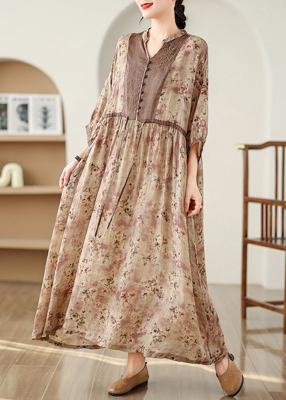 Khaki Dresses Pockets Tie Cotton Waist Long Fall Print Plus Size FashionChic
