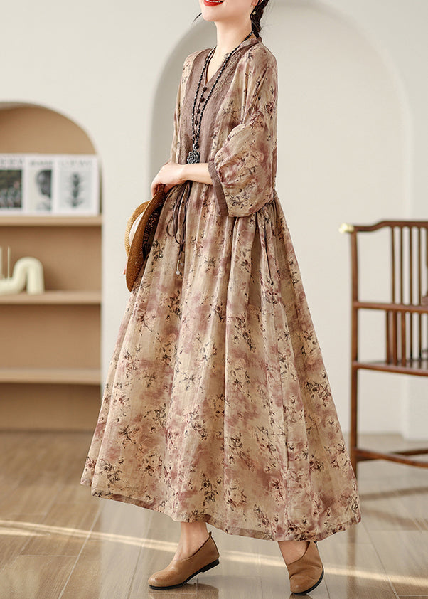 Khaki Dresses Pockets Tie Cotton Waist Long Fall Print Plus Size FashionChic