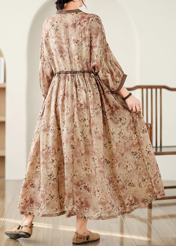 Khaki Dresses Pockets Tie Cotton Waist Long Fall Print Plus Size FashionChic
