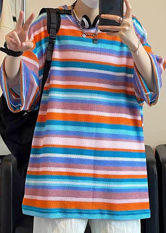 Khaki T Size Plus Summer Knit Shirt Out Striped Men Hollow FashionChic