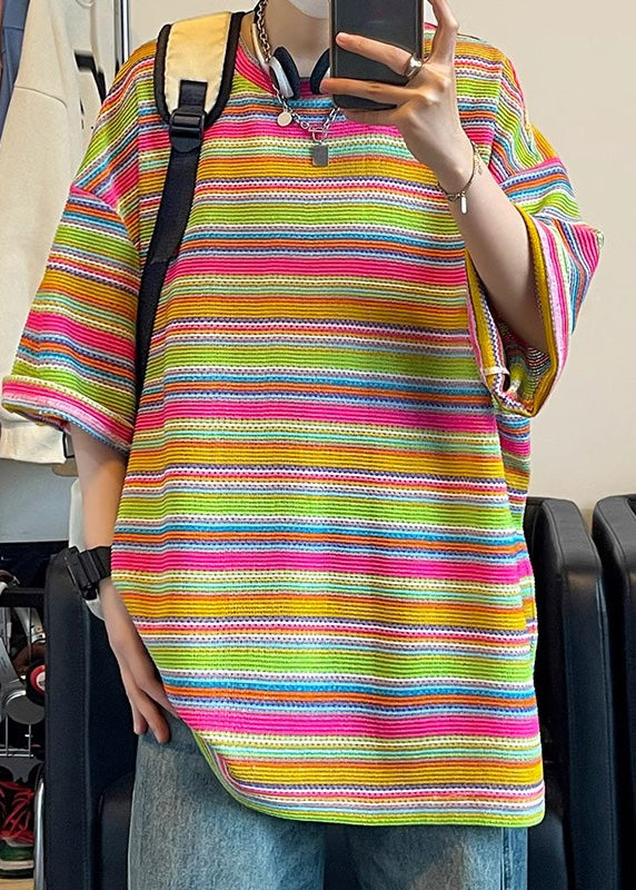 Khaki T Size Plus Summer Knit Shirt Out Striped Men Hollow FashionChic