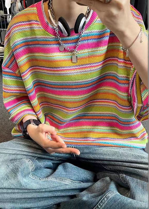 Khaki T Size Plus Summer Knit Shirt Out Striped Men Hollow FashionChic