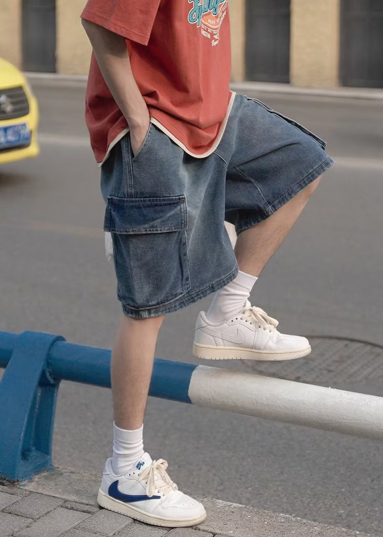 Plus Size Light Blue Pockets Elastic Waist Mens Shorts Summer YL014 ABC