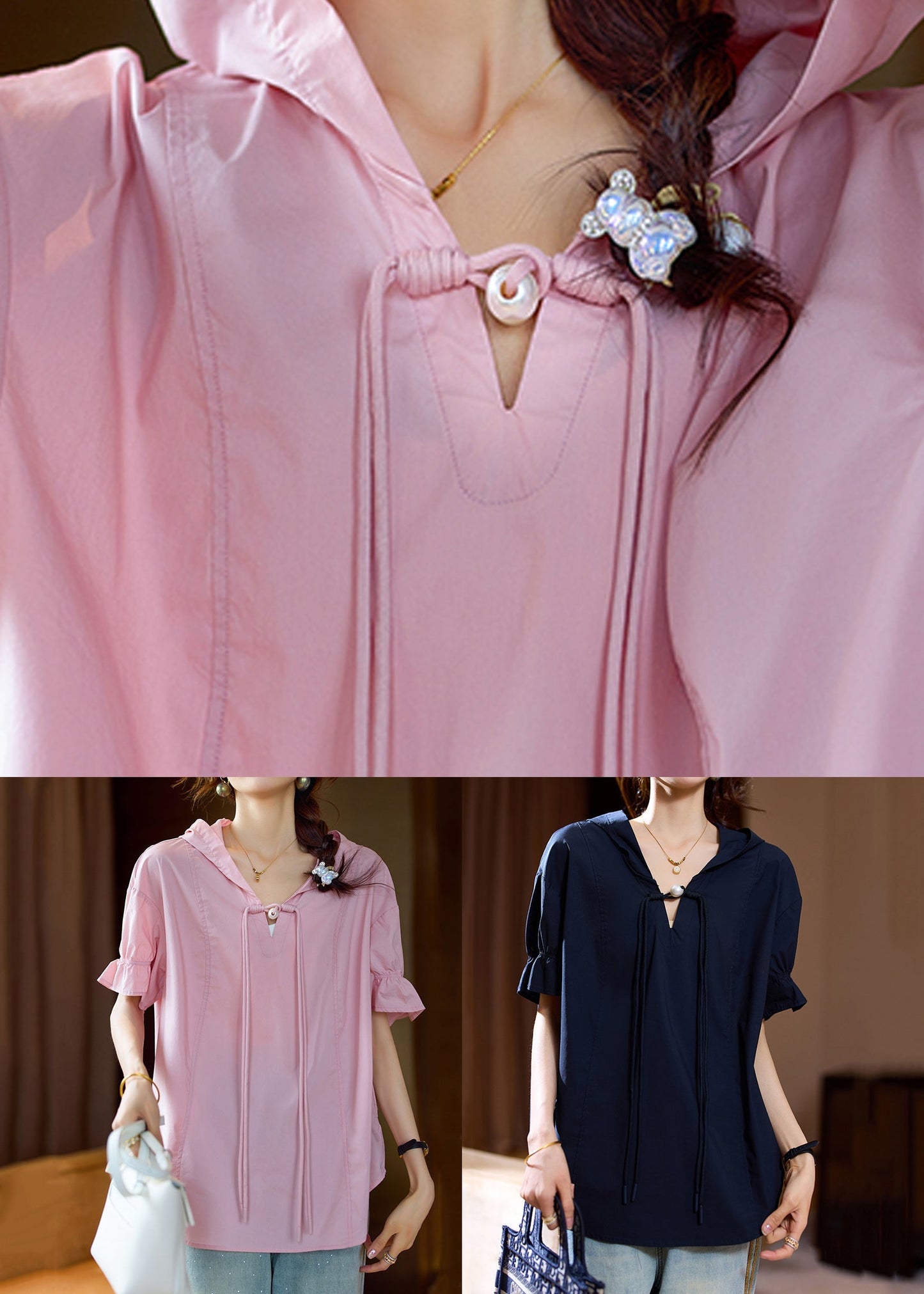 Plus Size Pink Hooded Chinese Button Cotton T Shirt Summer AC1018 Genistyle Shop