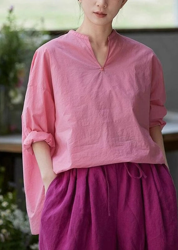 Blouses Neck Plus Open Solid Size Cotton Pink V Side Fall FashionChic