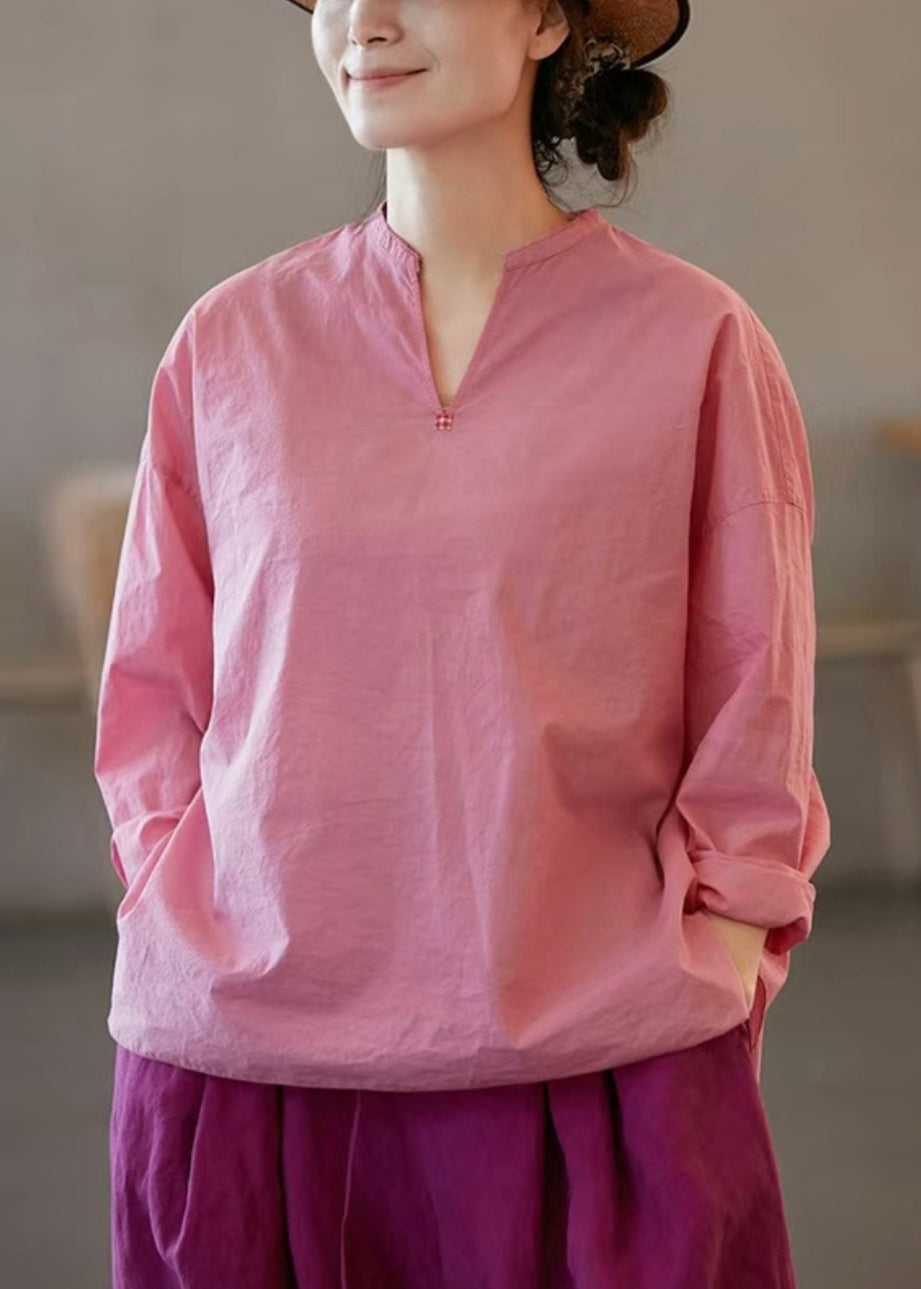 Blouses Neck Plus Open Solid Size Cotton Pink V Side Fall FashionChic