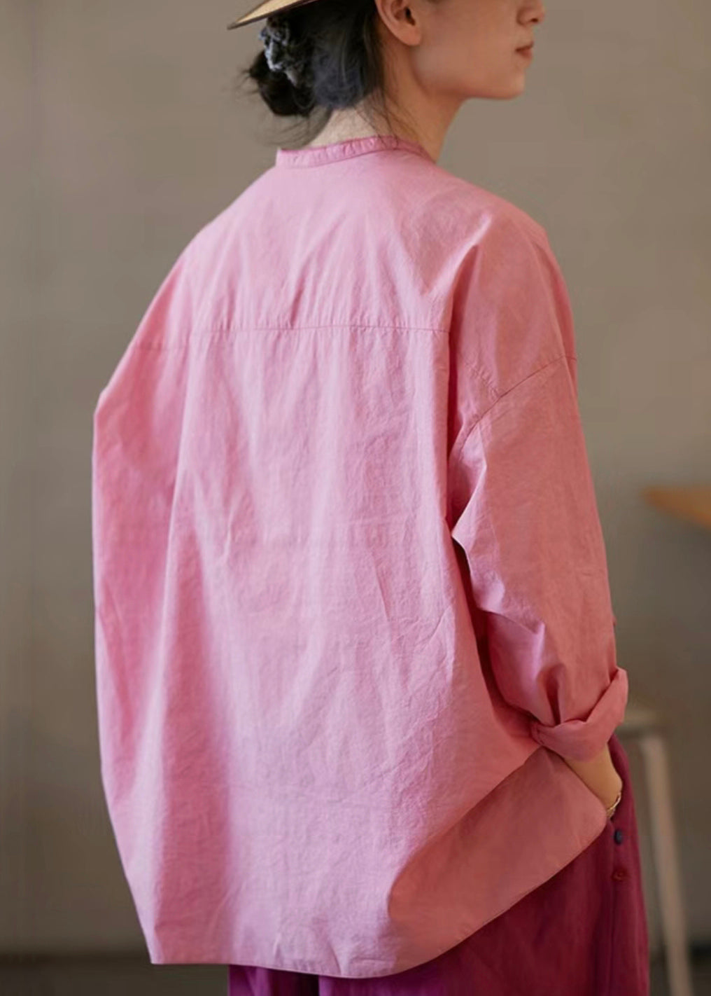 Blouses Neck Plus Open Solid Size Cotton Pink V Side Fall FashionChic
