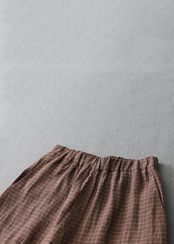 Plus Size Plaid Pockets Elastic Waist Linen Crop Pants Summer AU1035 MZF-240903