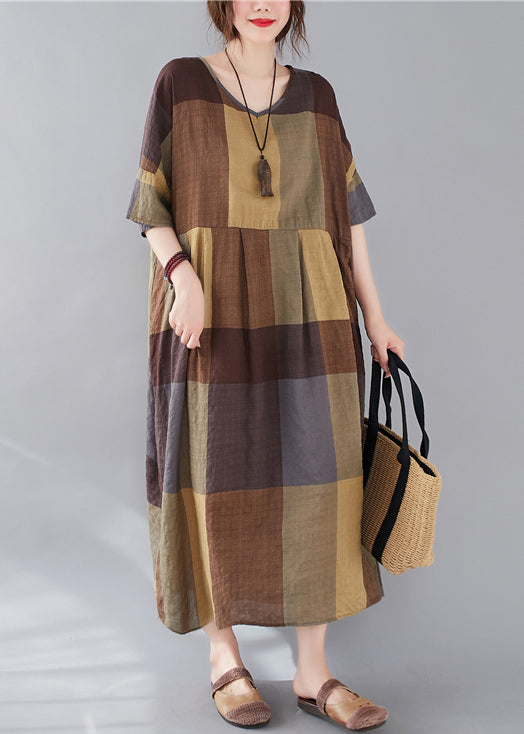 Plus Size Plaid V Neck Patchwork Linen Long Dresses Summer GG018 MZF-SDL240610