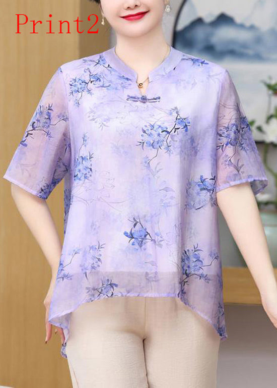 Button Oriental Print Chiffon Plus Summer Size Top FashionChic