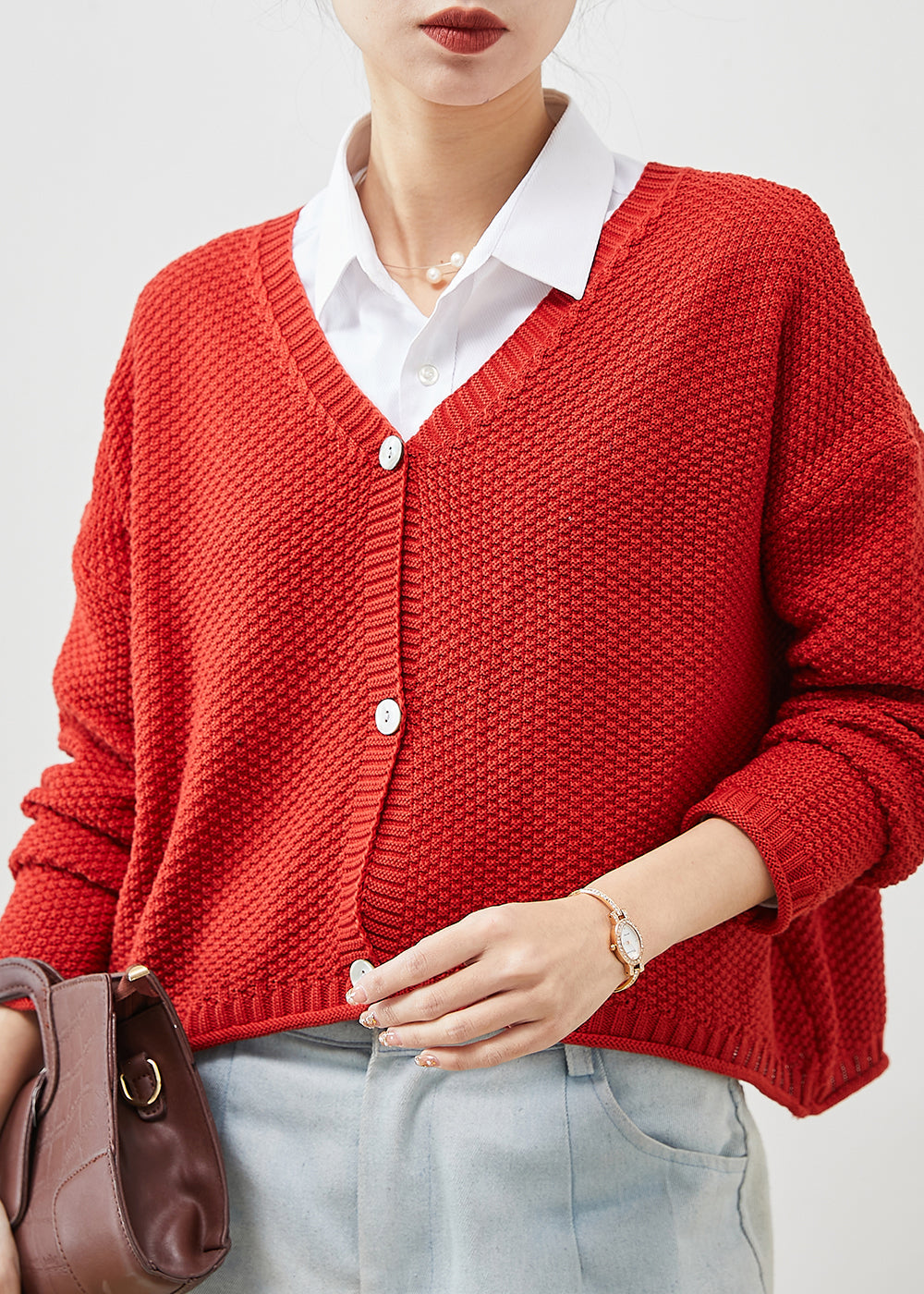Plus Size Red Button Down Knit Loose Cardigan Spring YU1038 Ada Fashion